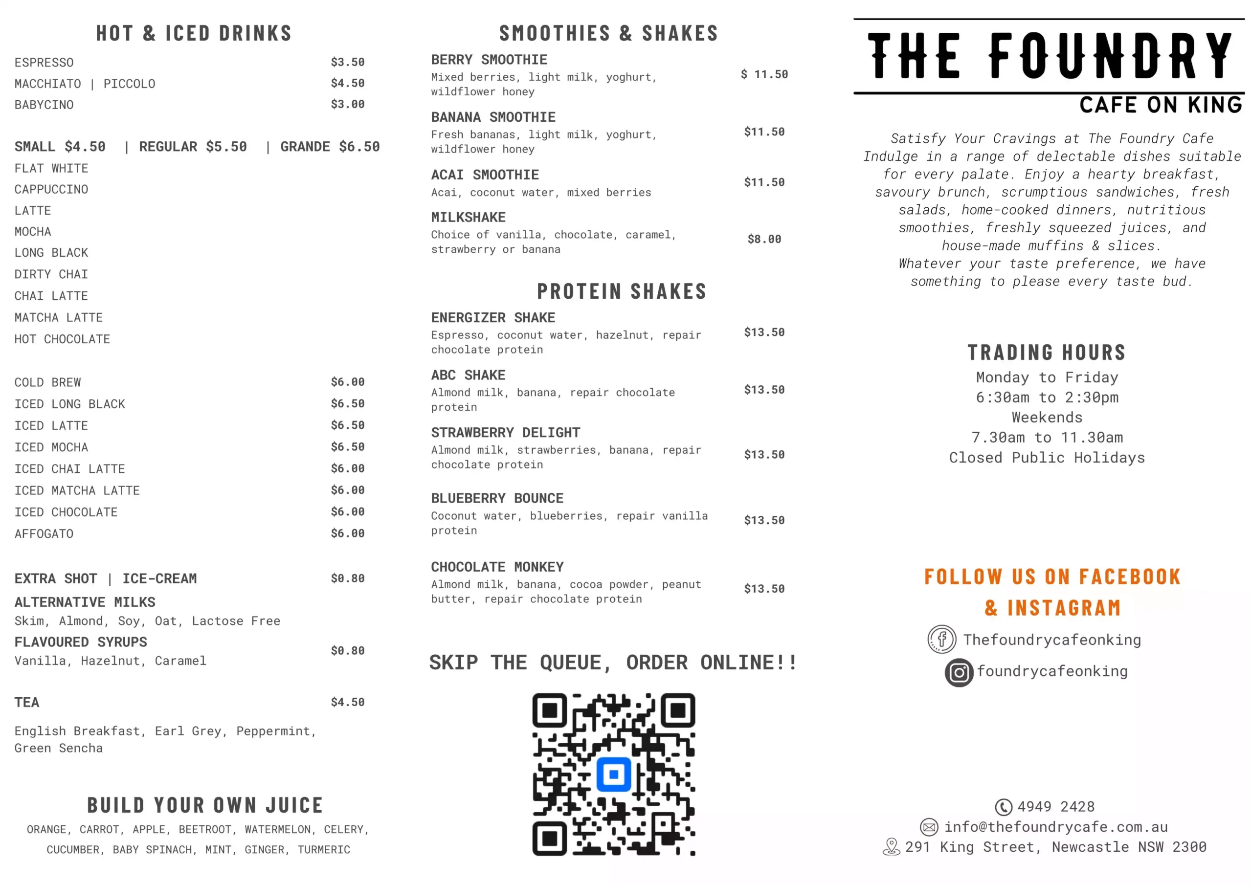 Foundry Cafe King Street Newcastle Drinks Menu Page One
