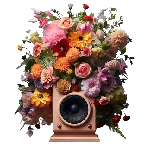 Speaker surrounded by colourful flowers